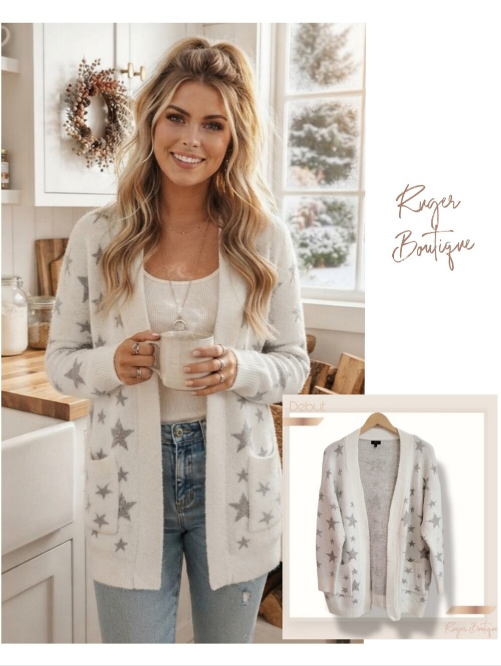 🌿DEBUT Star Fuzzy Cardigan | Oversized S/M | Off-White & Gray Boho Layers